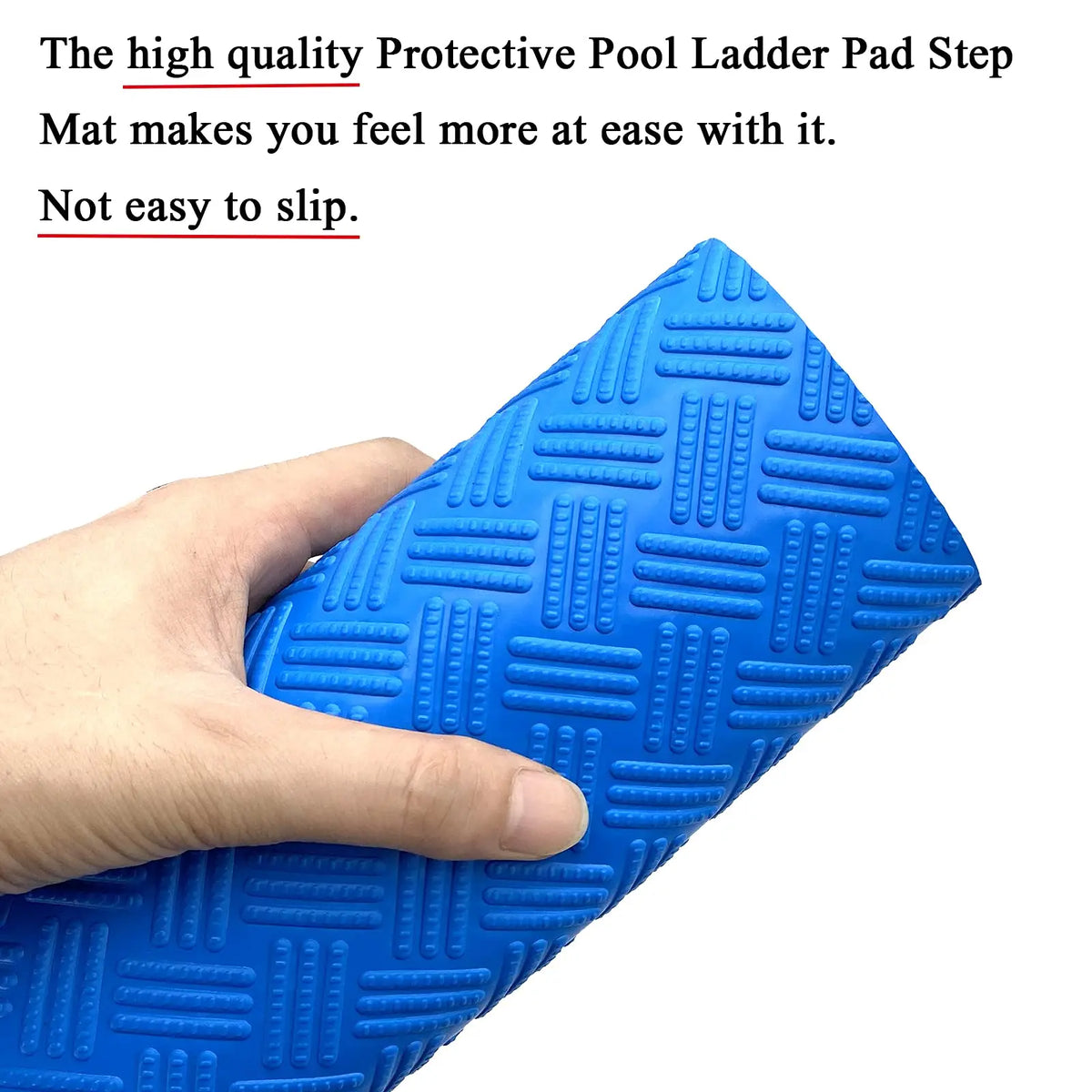 A hand is holding a blue non-slip pool ladder mat pad with textured grip.
