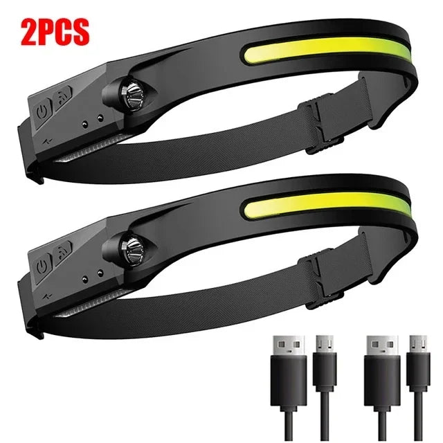 Two black rechargeable LED headlamps shown with battery connectors.