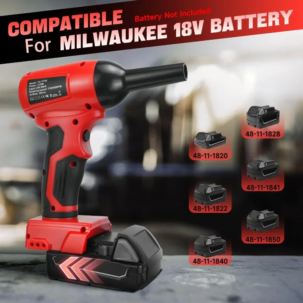 Rotes und schwarzes kabelloses Elektroblower-Werkzeug für Milwaukee 18V Akku, Nahaufnahme.