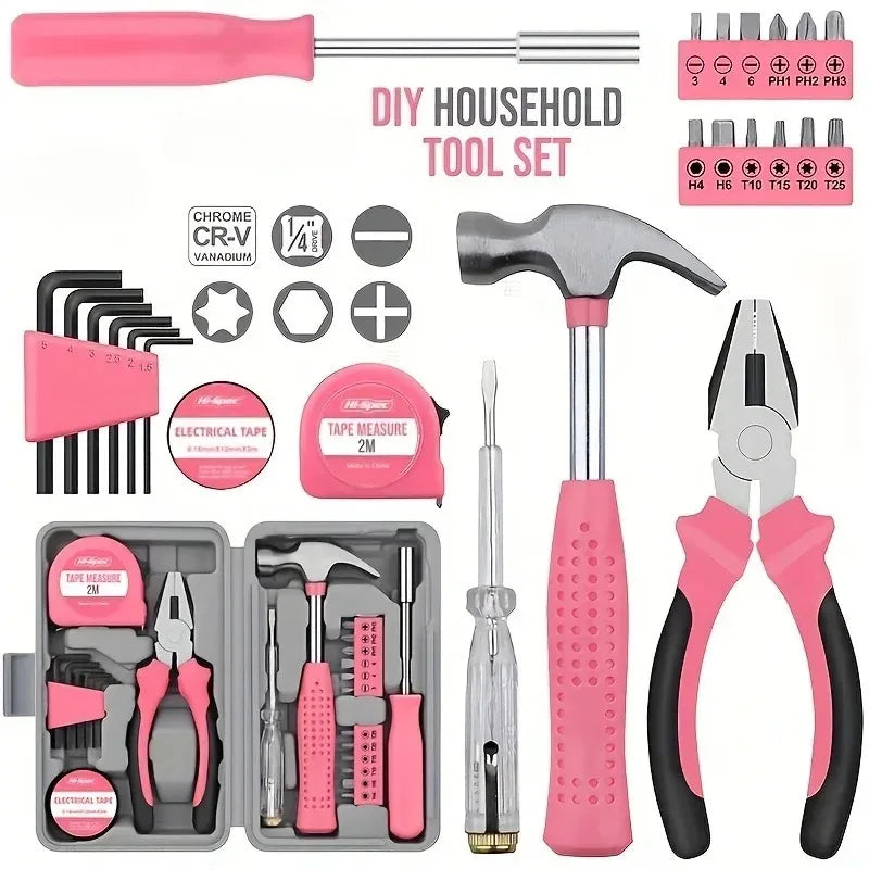 A pink DIY household tool set featuring a hammer, pliers, and various hand tools for repairs.