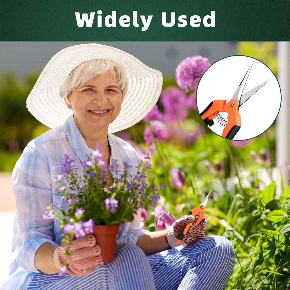 An elderly woman wearing a straw hat is gardening with a 3-piece stainless steel gardening tool set.