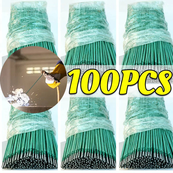 A collection of 100 green welding rods bundled together for metal repair.