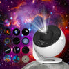 A white 360° rotating galaxy projector night light is shown illuminating a surface against a vibrant purple and orange nebula