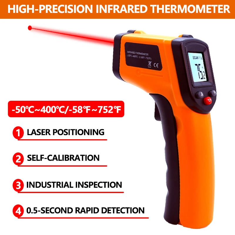 Thermomètre infrarouge numérique orange avec faisceau rouge, mettant en évidence le positionnement laser et la détection rapi
