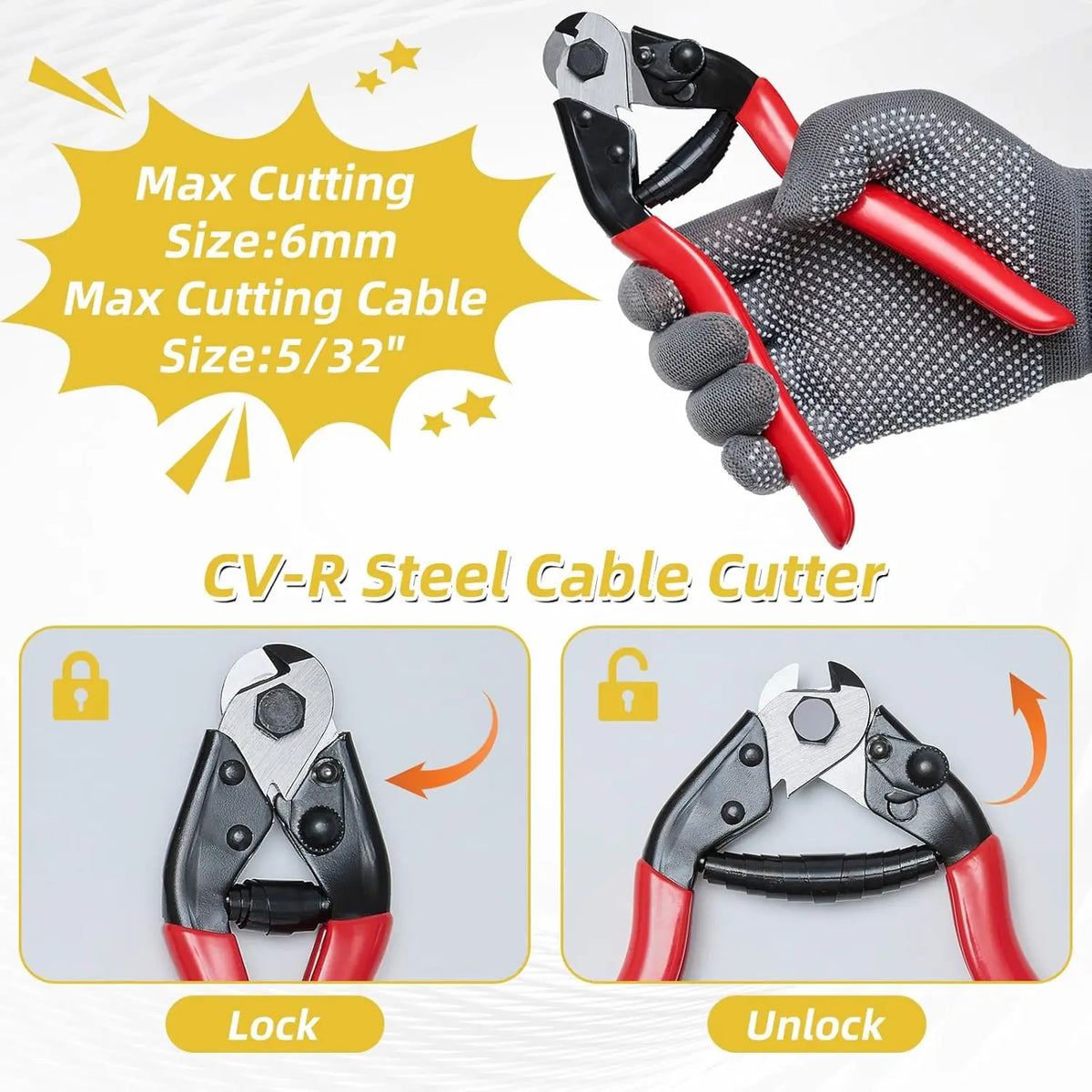 A pair of red and black CV-R steel cable cutters with a protective glove, showing the lock and unlock mechanism.