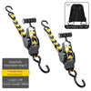 Black automatic retractable ratchet strap with yellow and black striped webbing for heavy-duty cargo
