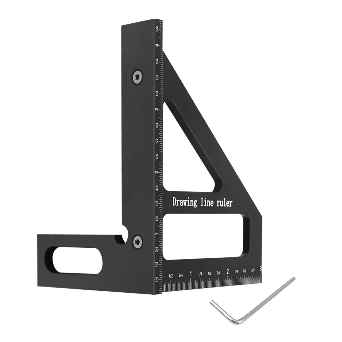 A black precision angle and layout ruler used for woodworking measurements.