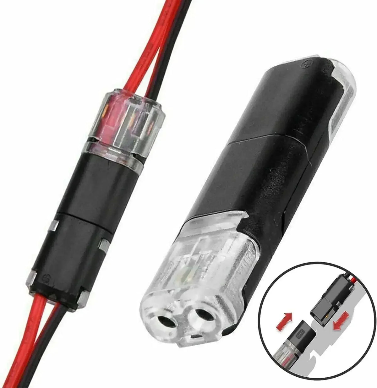 A black double-wire LED plug connector with a red wire, shown in a close-up view.