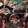 Stainless steel BBQ grill tongs and kitchen clips set used for grilling meat.