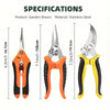A set of three garden shears made of stainless steel in orange and black handles.