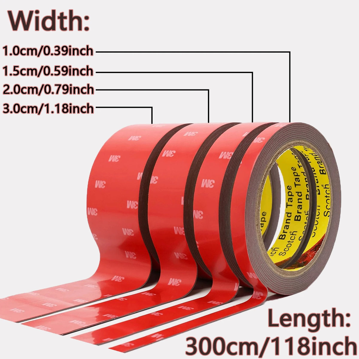 Roll of red double-sided mounting tape for LED strips with various width options and length specifications