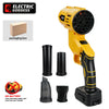 Yellow brushless electric handheld air blower with a black nozzle and battery components.