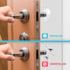 A door handle is shown installed and uninstalled on a wooden door, demonstrating silicone bumpers for wall protection.