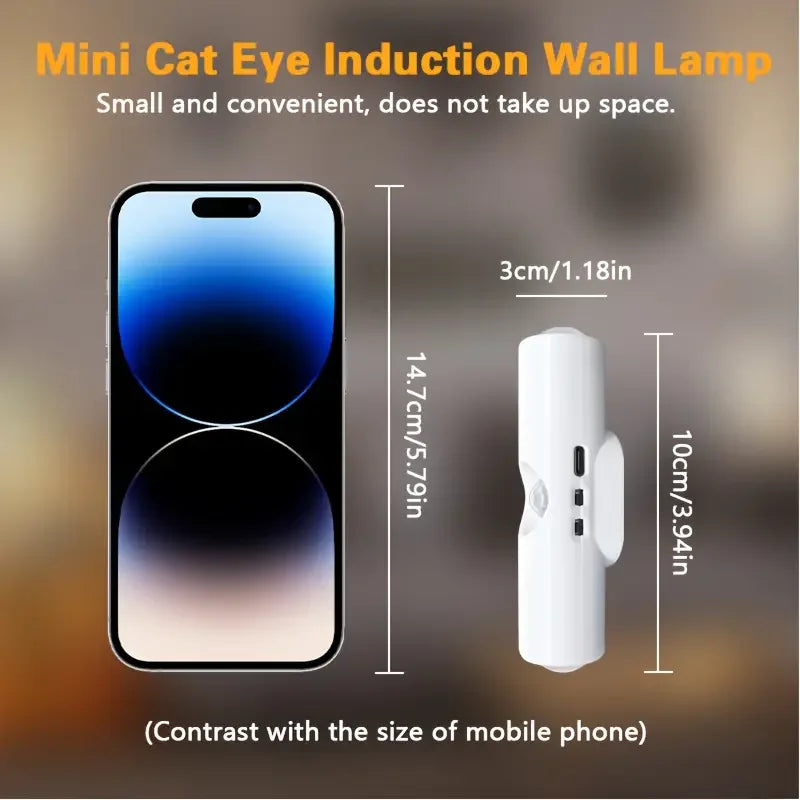 A white induction wall lamp is shown next to a smartphone for scale comparison.