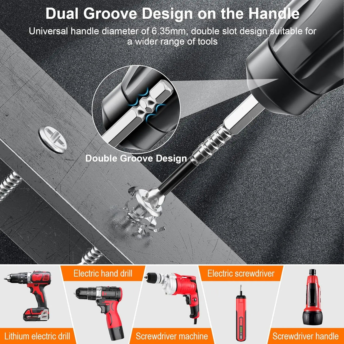 Close-up view of a dual groove design on a tool handle showing the double groove feature and various screwdriver tools.