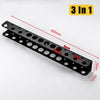 Black heavy duty wall mounted tool storage rack with multiple mounting holes and dimensions marked.