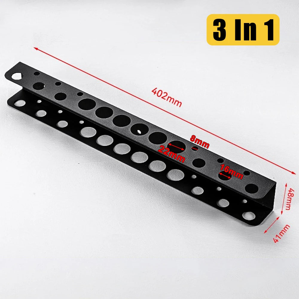 Black heavy duty wall mounted tool storage rack with multiple mounting holes and dimensions marked.