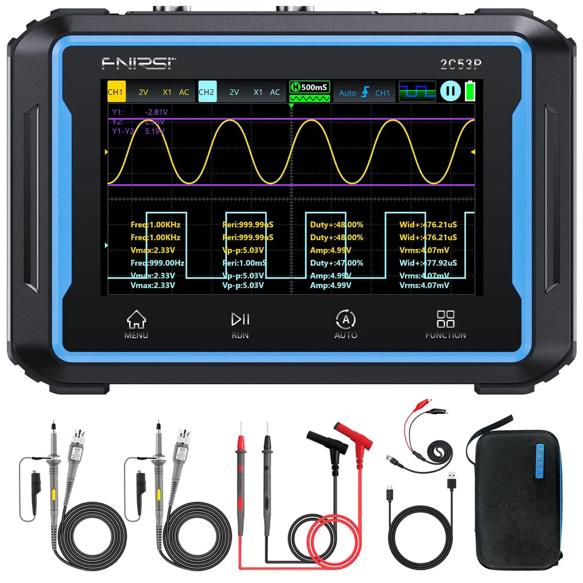 A black digital oscilloscope multimeter signal generator with various cables and accessories.