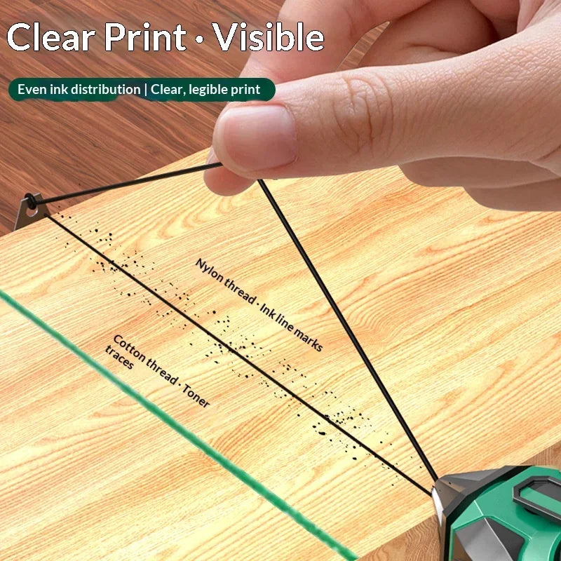 A hand uses a precision chalk line marking tool set to create clear ink lines on a wooden surface.