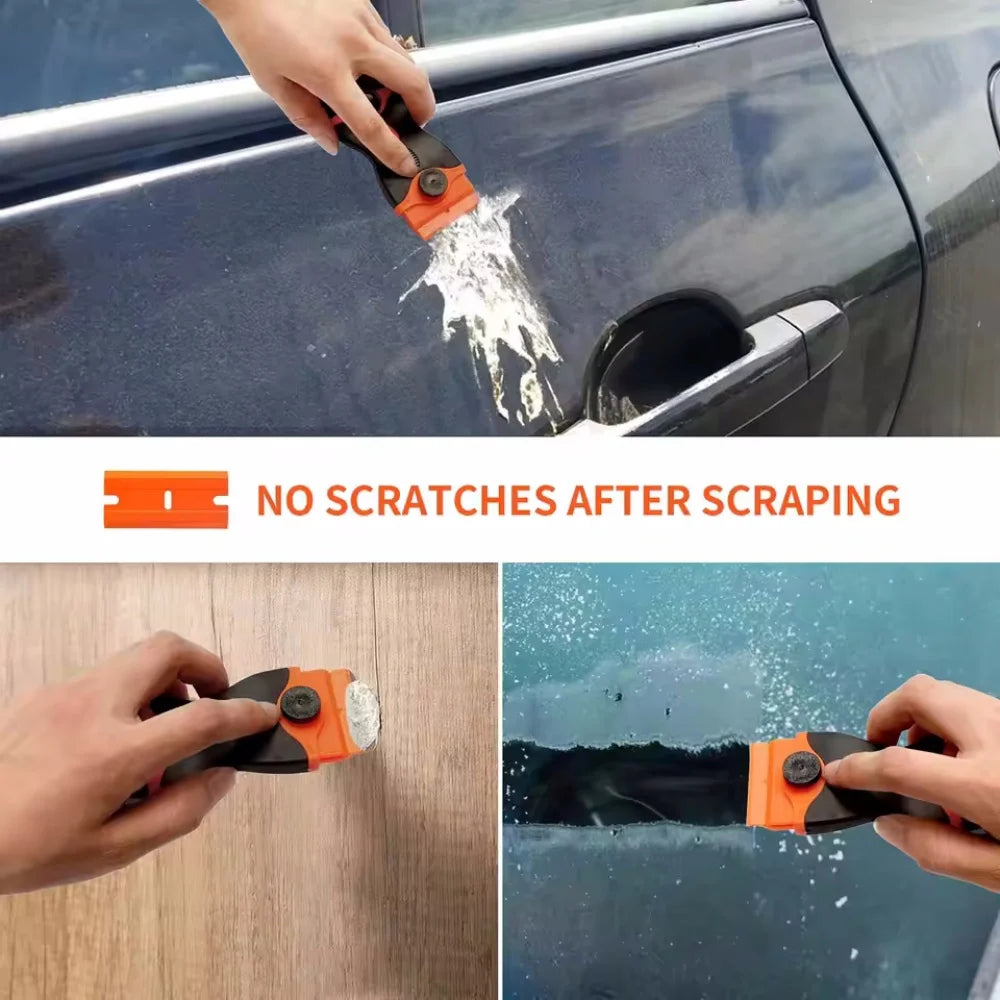 A hand uses a dual-sided auto glass scraper to remove stickers and residue from a car window.