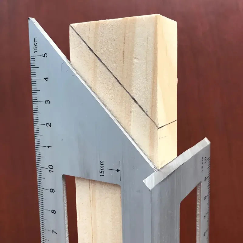 A wooden block is measured using a precision angle ruler, showing a 45 to 90 degree angle.