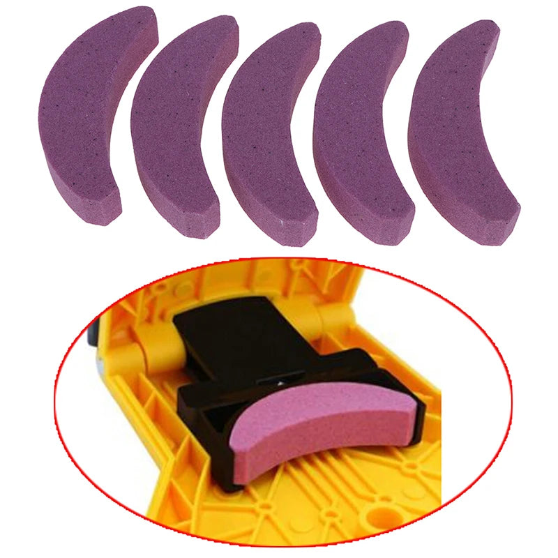 A set of purple, curved sharpening tools for a portable chainsaw tooth sharpening kit.