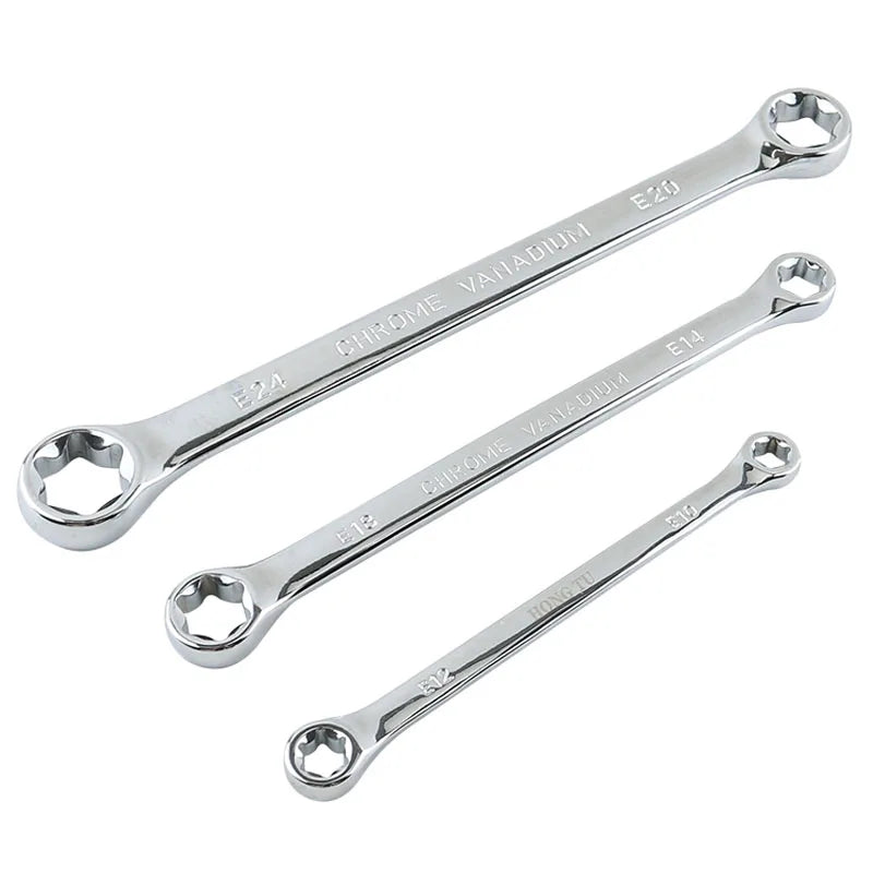 A set of precision chrome vanadium E-Torx hex sockets with various sizes labeled E20, E24, E14, E13, and E10.