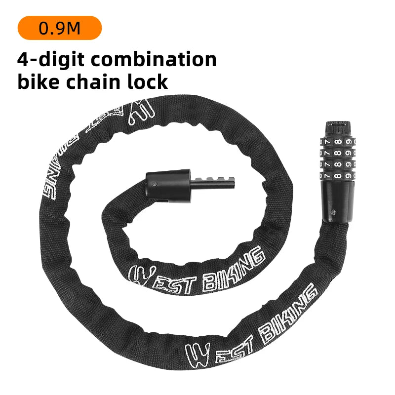 Cadenas de vélo à chaîne noir à quatre chiffres avec boucle et deux clés sur fond blanc.