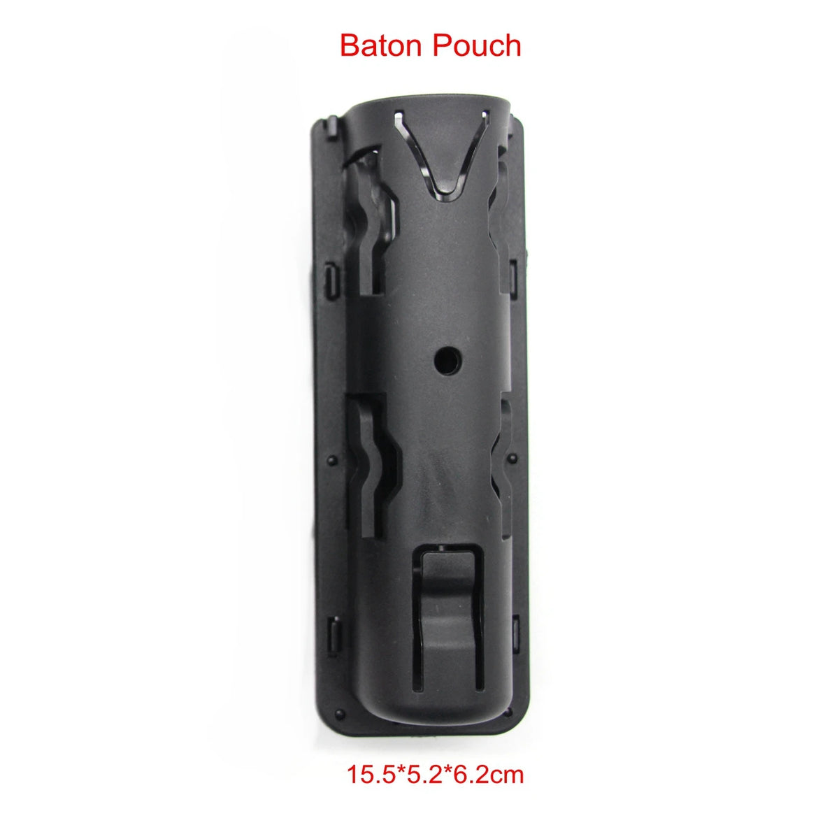 Black baton pouch with a cylindrical shape and various internal compartments