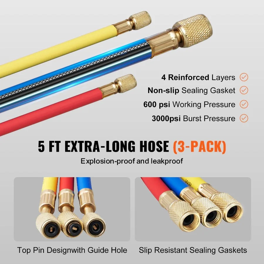 A set of five 5 ft extra-long explosion-proof and leakproof hoses for a 3-way refrigerant gauge set.