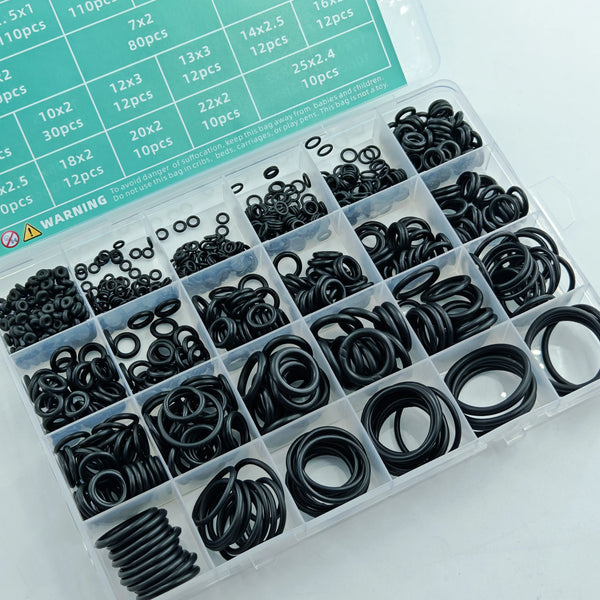 A clear plastic kit containing various black nitrile O-rings and repair components.