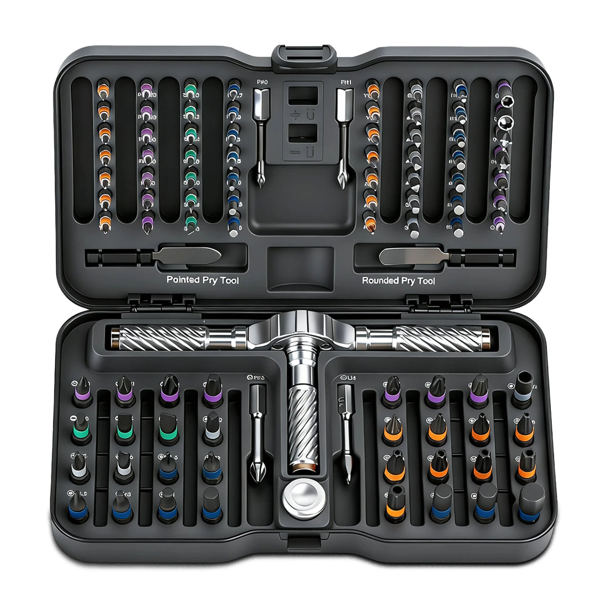 A black 10-in-1 ratchet screwdriver repair kit with magnetic bits is shown open, displaying various tools and bits.