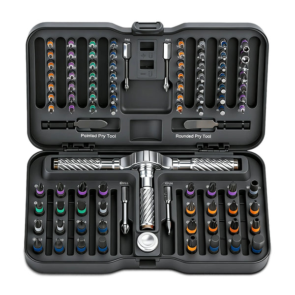 A black 10-in-1 ratchet screwdriver repair kit with magnetic bits is shown open, displaying various tools and bits.