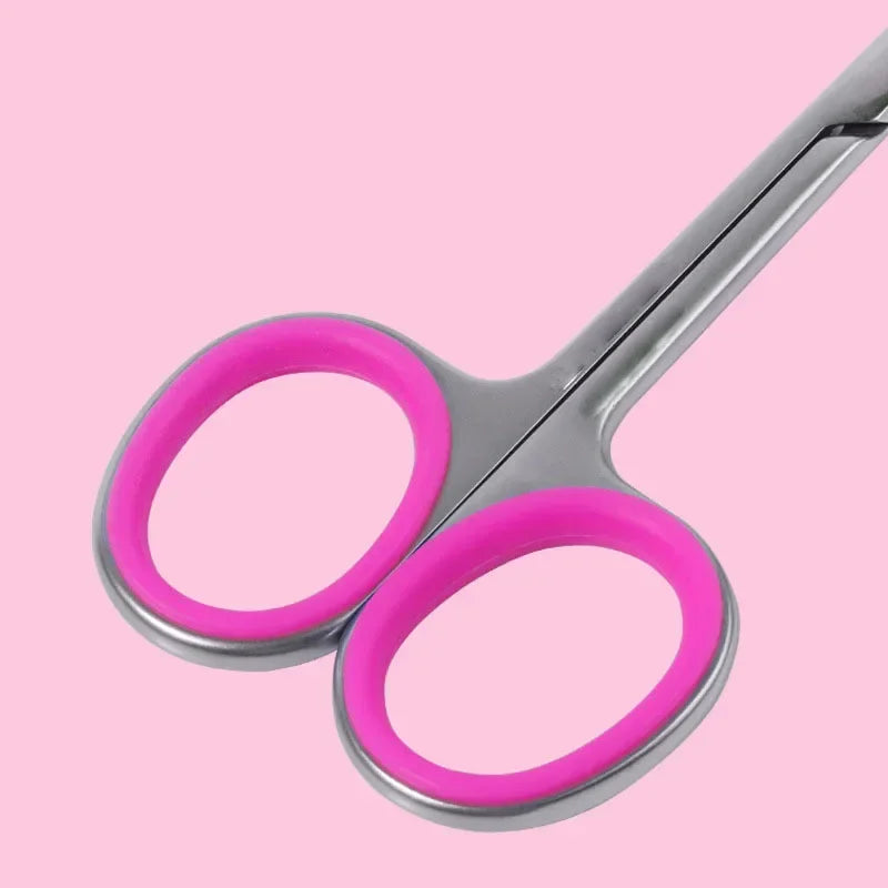 A pair of professional stainless steel nail cuticle trimmers with bright pink handles.