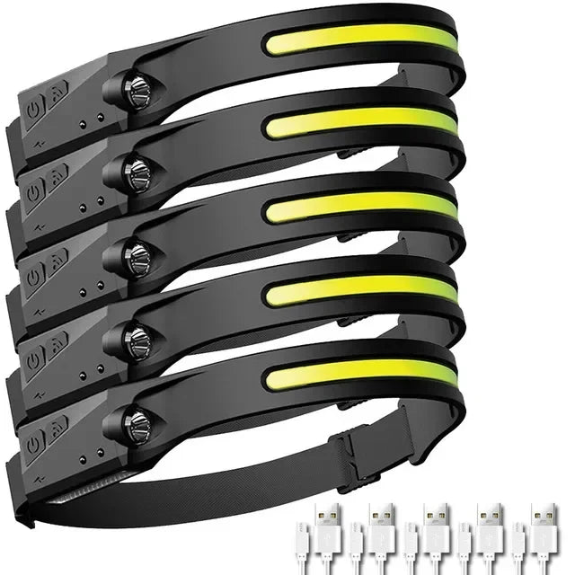 Black COB LED sensor headlamp with multi-mode flashlight shown from above.