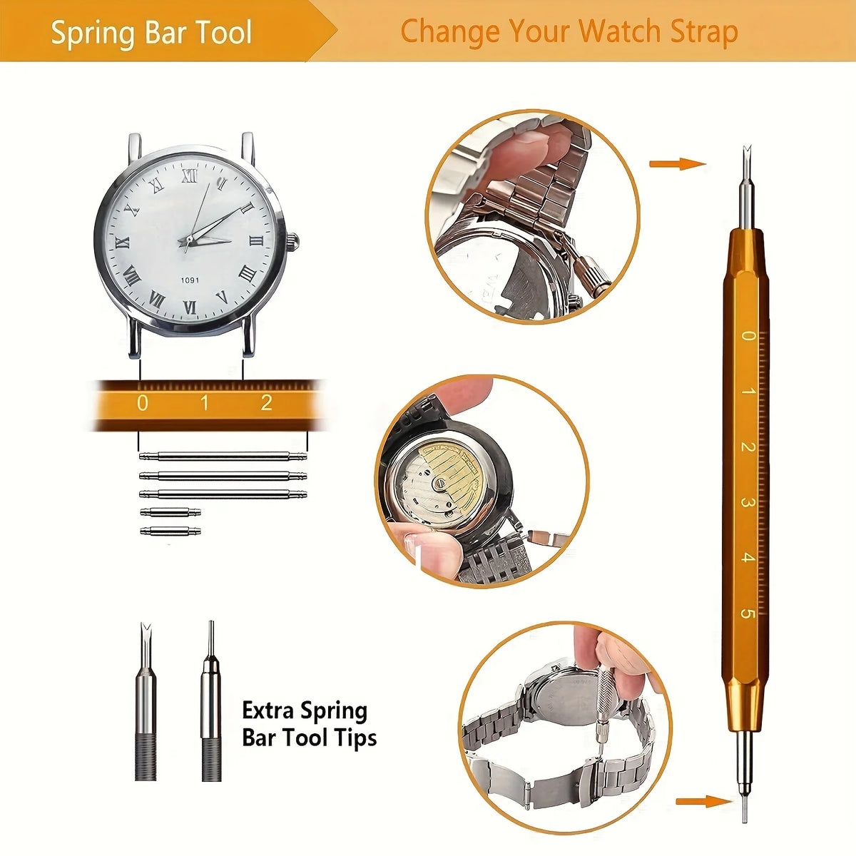 Kit d'outils Spring pour changer les bracelets de montre, montrant outils et conseils.