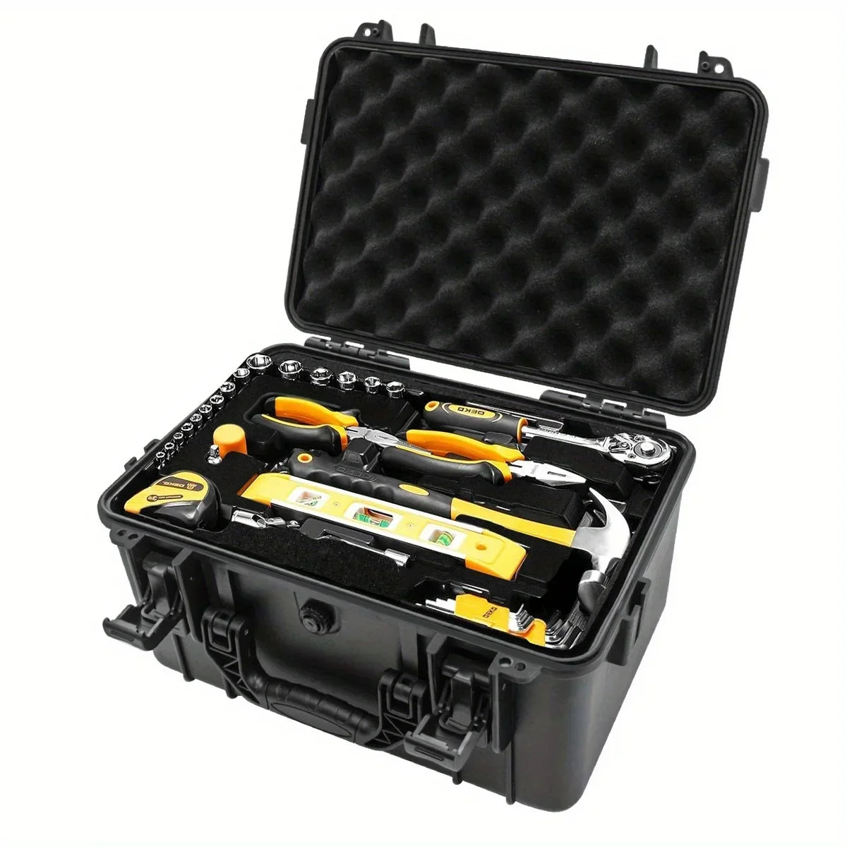 Boîte à outils portable noire avec insert de protection ouvert, montrant divers outils à l'intérieur.
