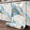 Roll of glossy marble self-adhesive wall decals featuring white and blue marble patterns with gold veining