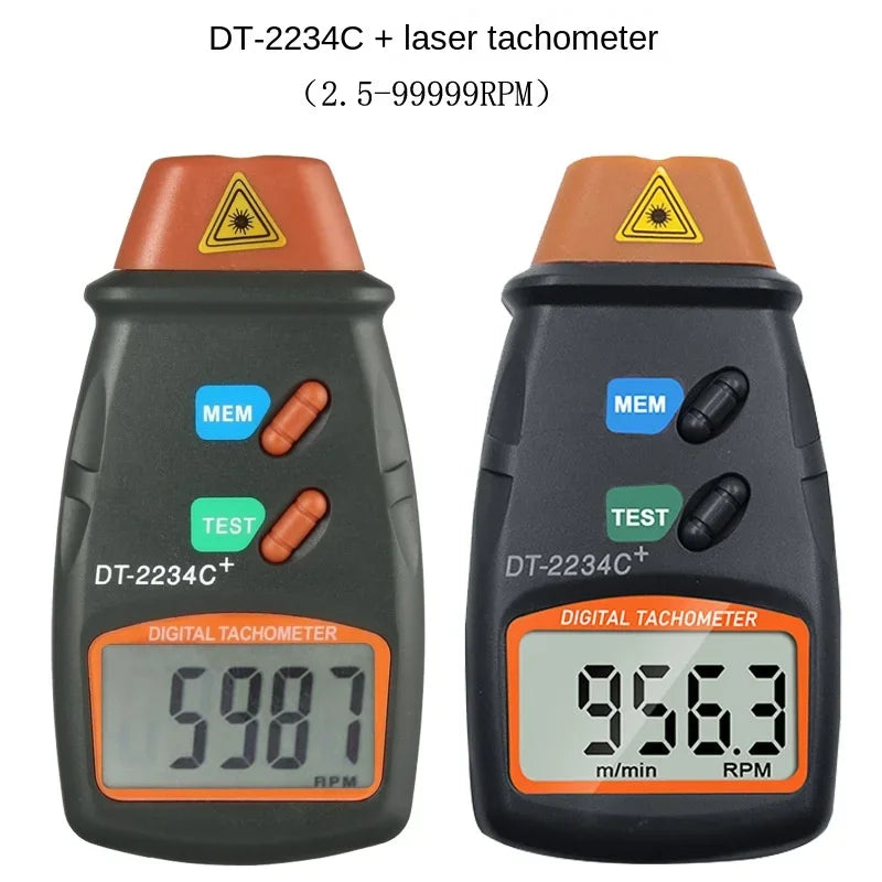 A black digital tachometer device labeled DT-2234C with a laser tachometer for measuring speed in RPM.