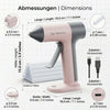 A pink cordless hot glue gun with accessories and dimensions shown on a white background.