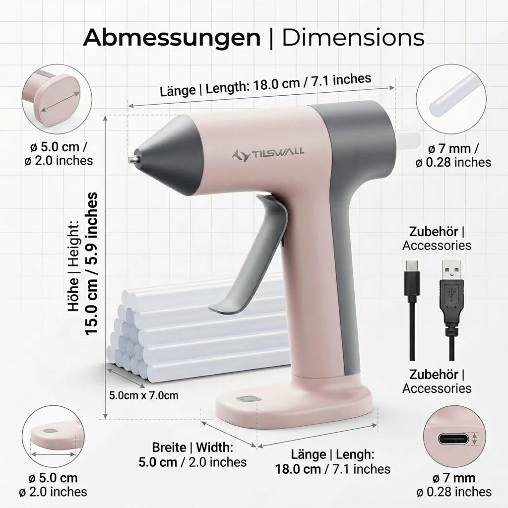 A pink cordless hot glue gun with accessories and dimensions shown on a white background.