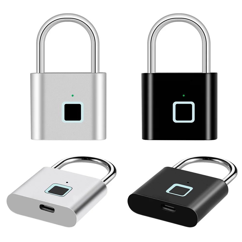 A set of silver and black fingerprint keyless door locks shown in various views.