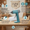A teal cordless hot glue gun with a silicone guard and various accessories is shown on a wooden table.
