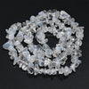 A collection of clear and light blue natural agate beads arranged in a circular pattern.