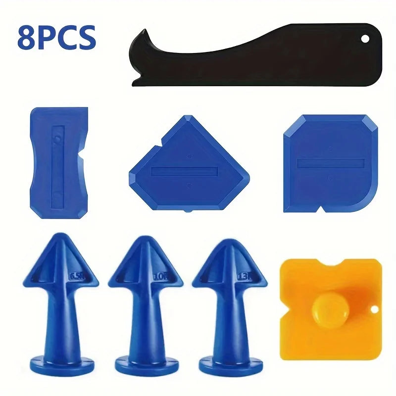 An 8 piece precision caulking tool set featuring black, blue, and yellow silicone tools.