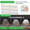 A silver under cabinet LED light fixture is shown with instructions for turning on/off and adjusting brightness.