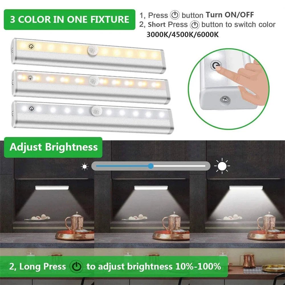 A silver under cabinet LED light fixture is shown with instructions for turning on/off and adjusting brightness.