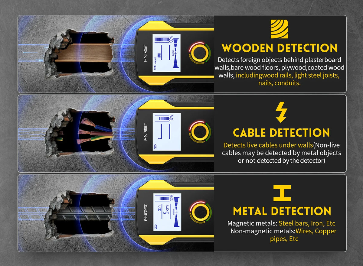 Three versions of a multi-function metal detector showing detection capabilities for wood, cable, and metal objects.
