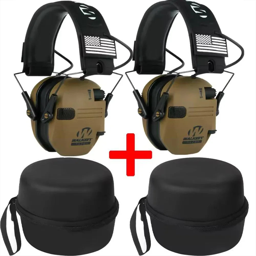 A pair of black professional noise reduction ear muffs with voice amplification and matching storage cases.