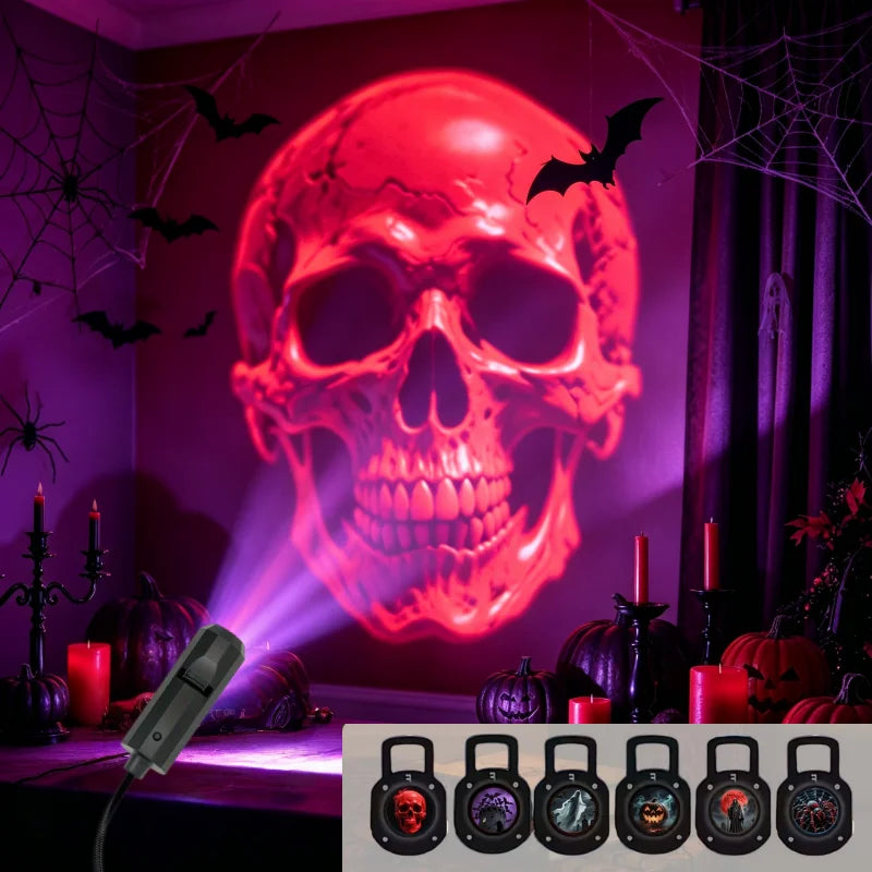 Una luz de proyector USB LED de múltiples patrones ilumina un cráneo rojo brillante contra un fondo oscuro.